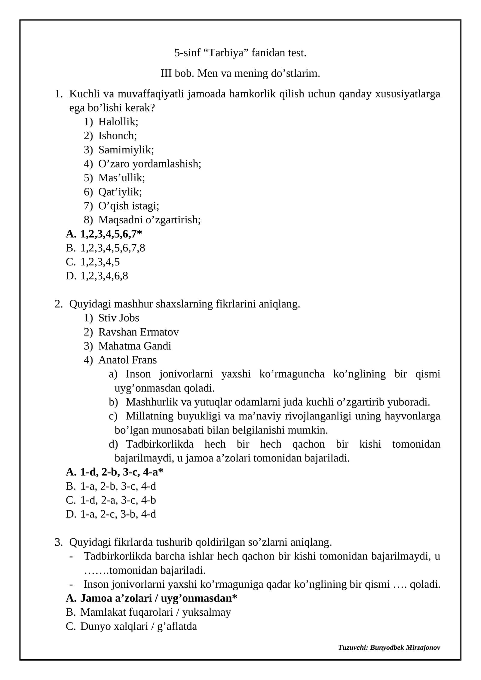 5-sinf “Tarbiya” fanidan test 1