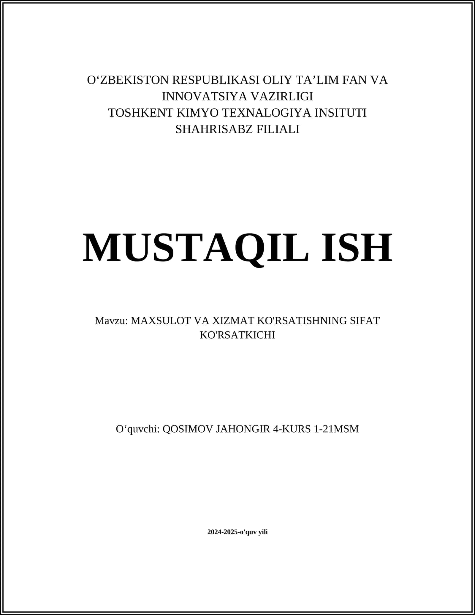 MAXSULOT VA XIZMAT KO'RSATISHNING SIFAT KO'RSATKICHI 1
