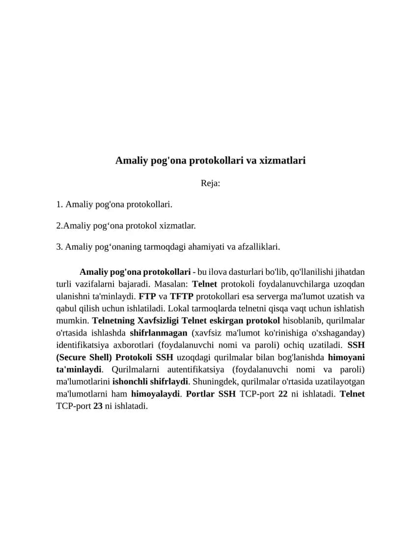 Amaliy pog'ona protokollari va xizmatlari 1