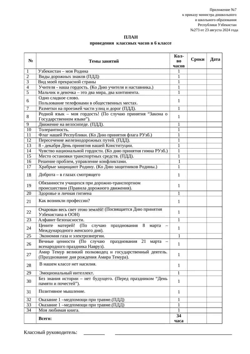 ПЛАН проведения классных часов в 6 классе 1