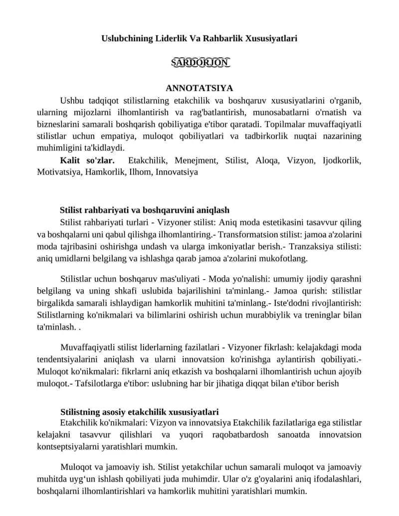 Uslubchining Liderlik Va Rahbarlik Xususiyatlari 1