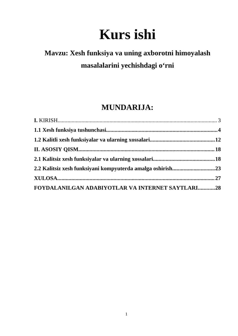 Xesh funksiya va uning axborotni himoyalash masalalarini yechishdagi o‘rni 1