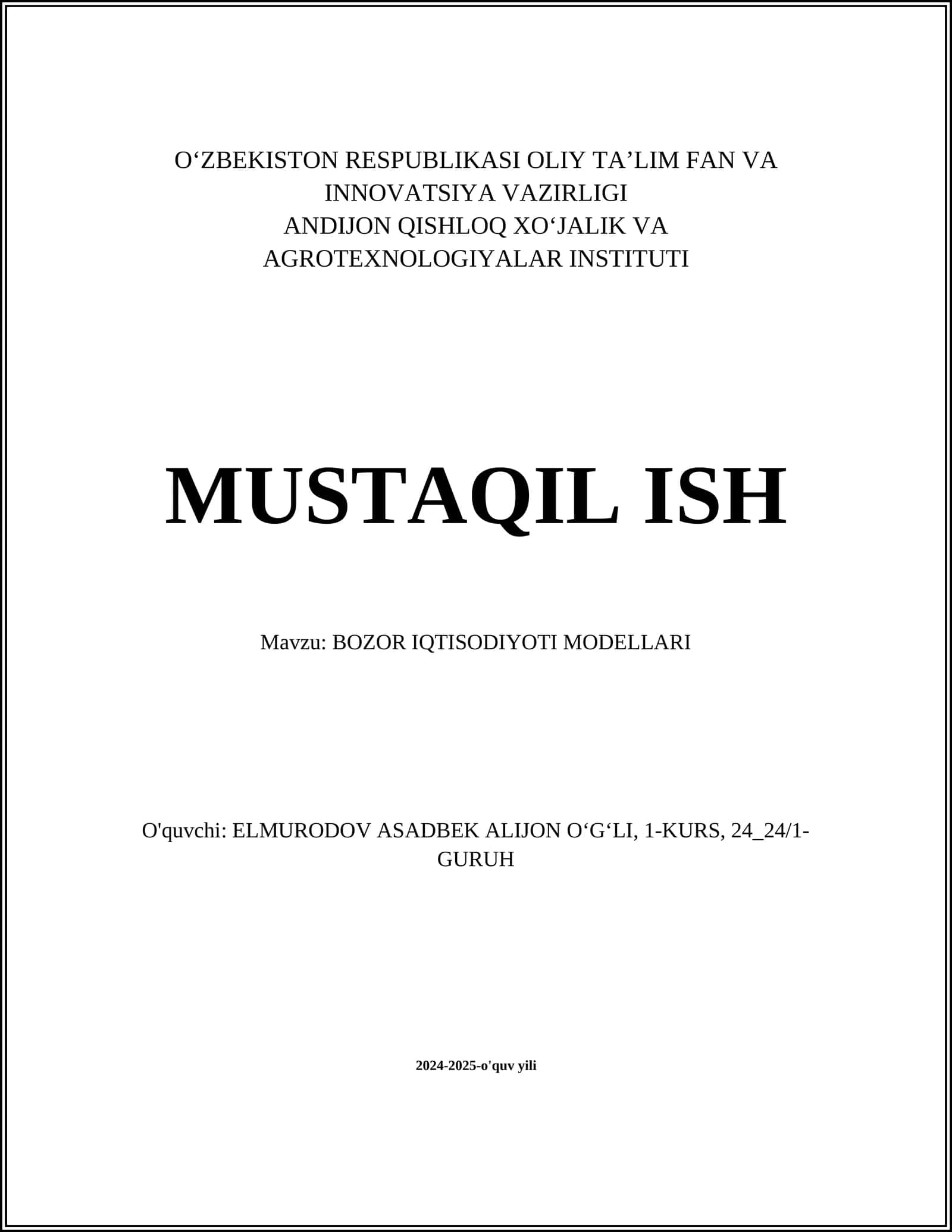 BOZOR IQTISODIYOTI MODELLARI 1