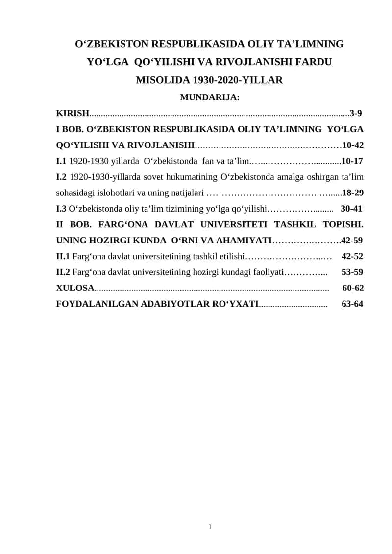 FARG‘ONA DAVLAT UNIVERSITETI TASHKIL TOPISHI. UNING HOZIRGI KUNDA O‘RNI VA AHAMIYATI 1