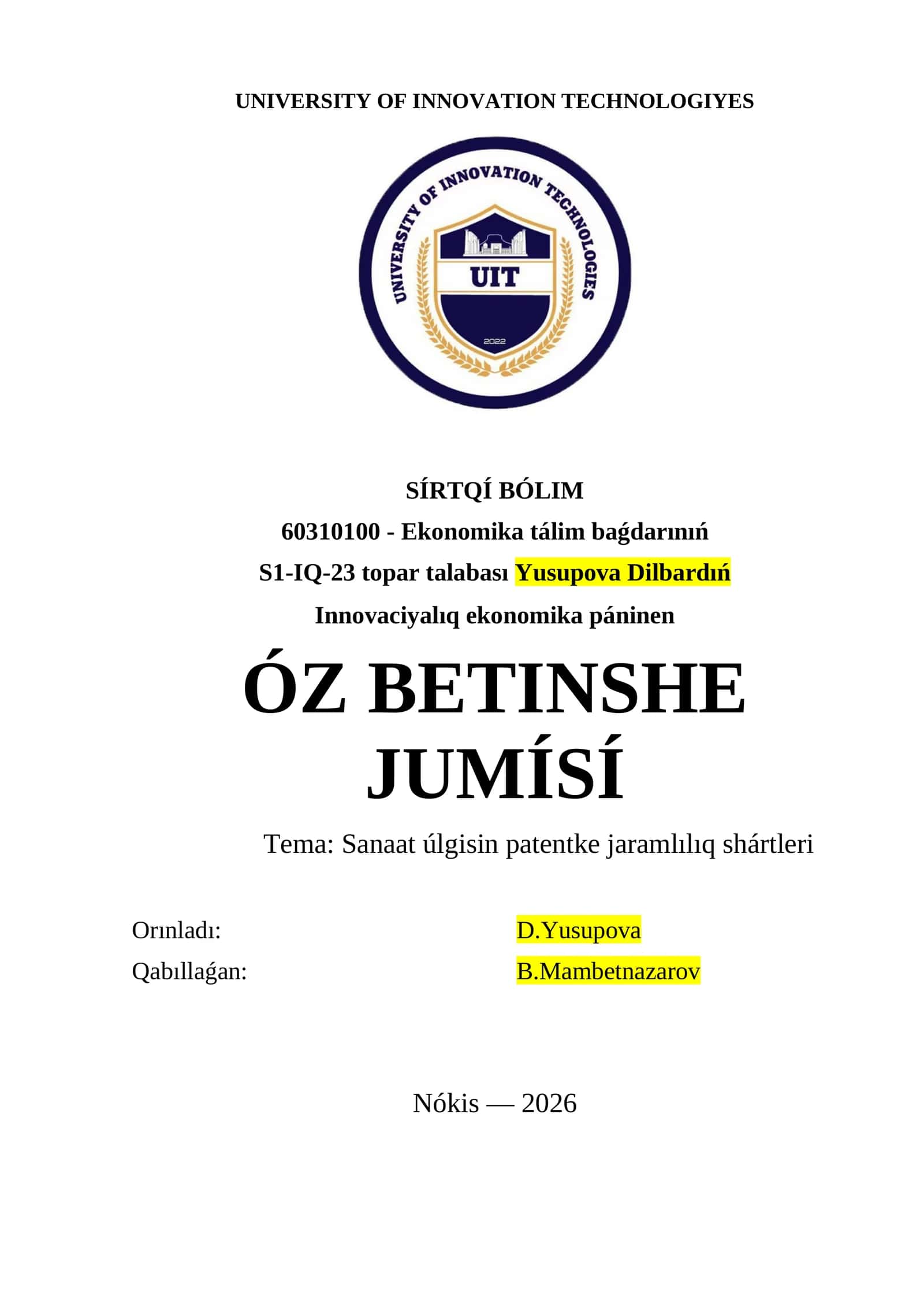 Innovaciyalıq ekonomika páninen 1