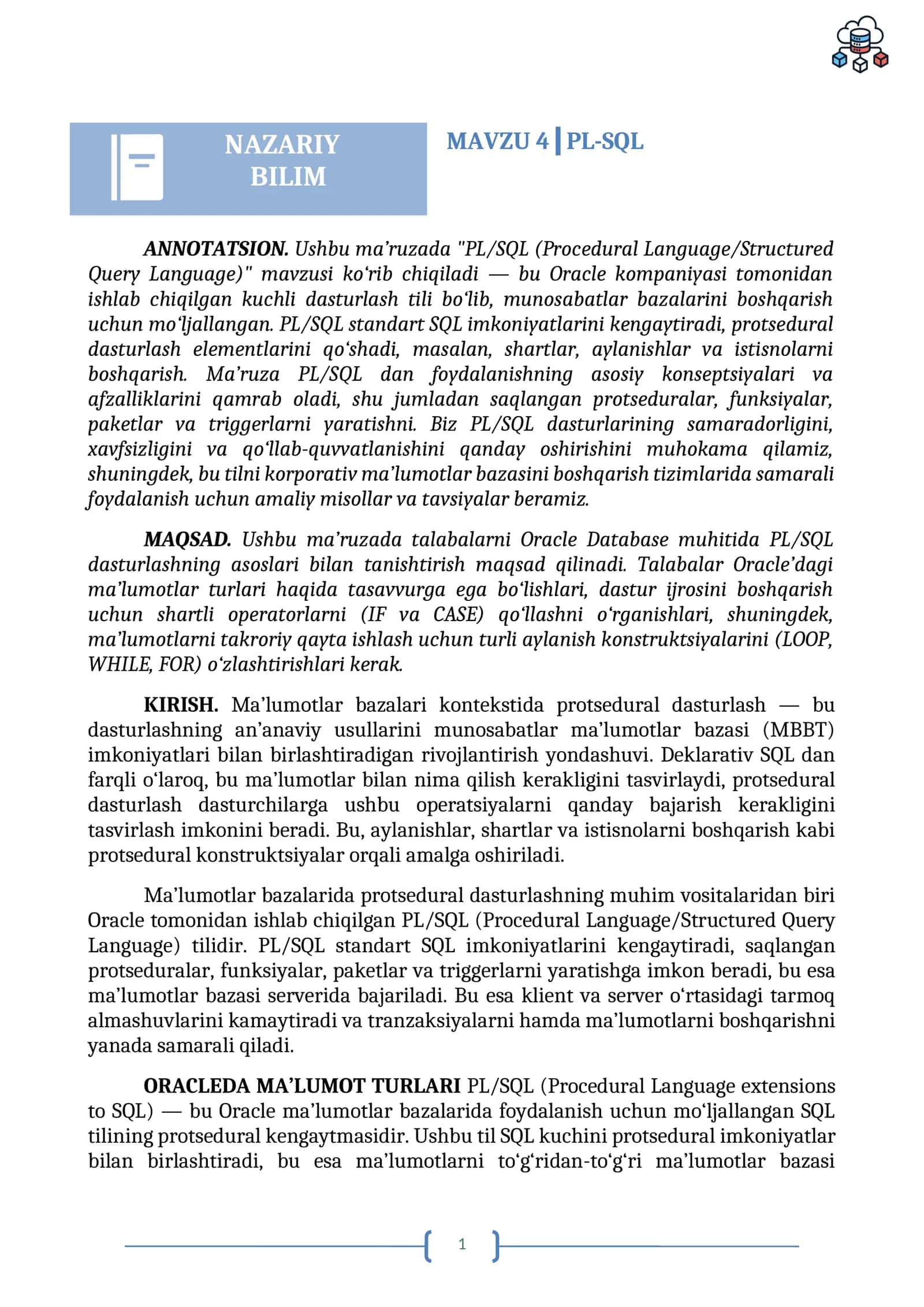 PL/SQL (Procedural Language/Structured Query Language) 1