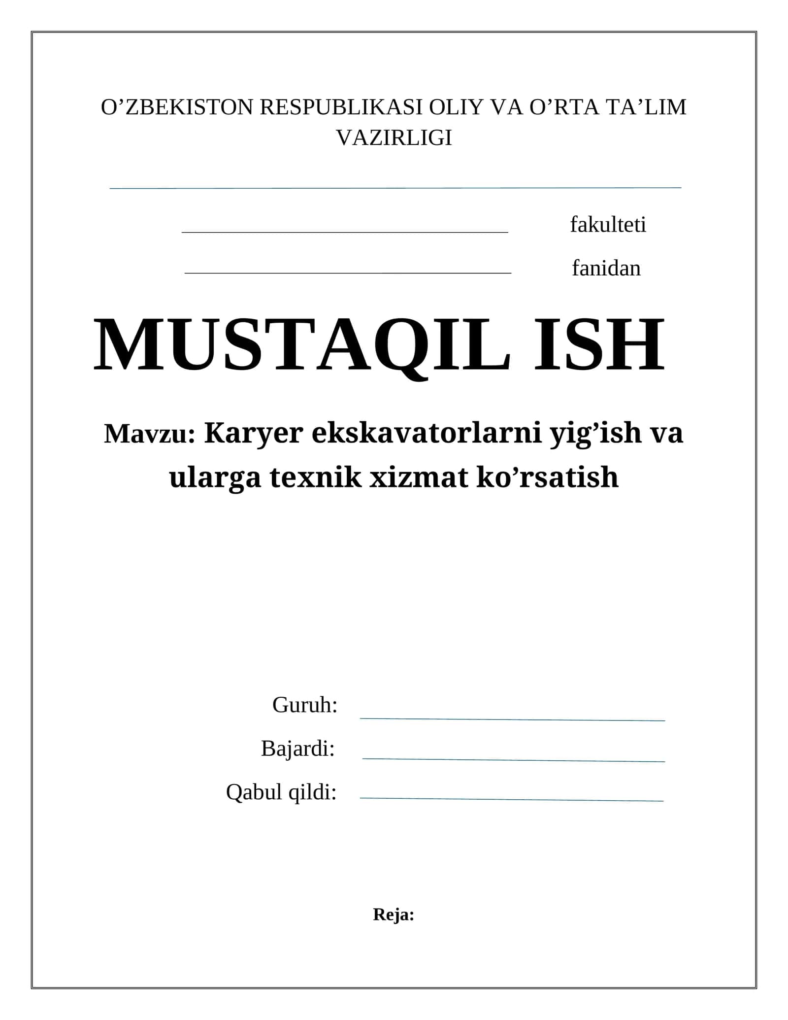 Karyer ekskavatorlarni yig’ish va ularga texnik xizmat ko’rsatish 1