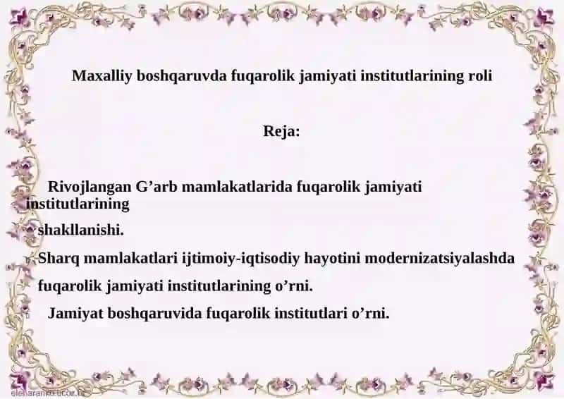 Maxalliy boshqaruvda fuqarolik jamiyati institutlarining roli
