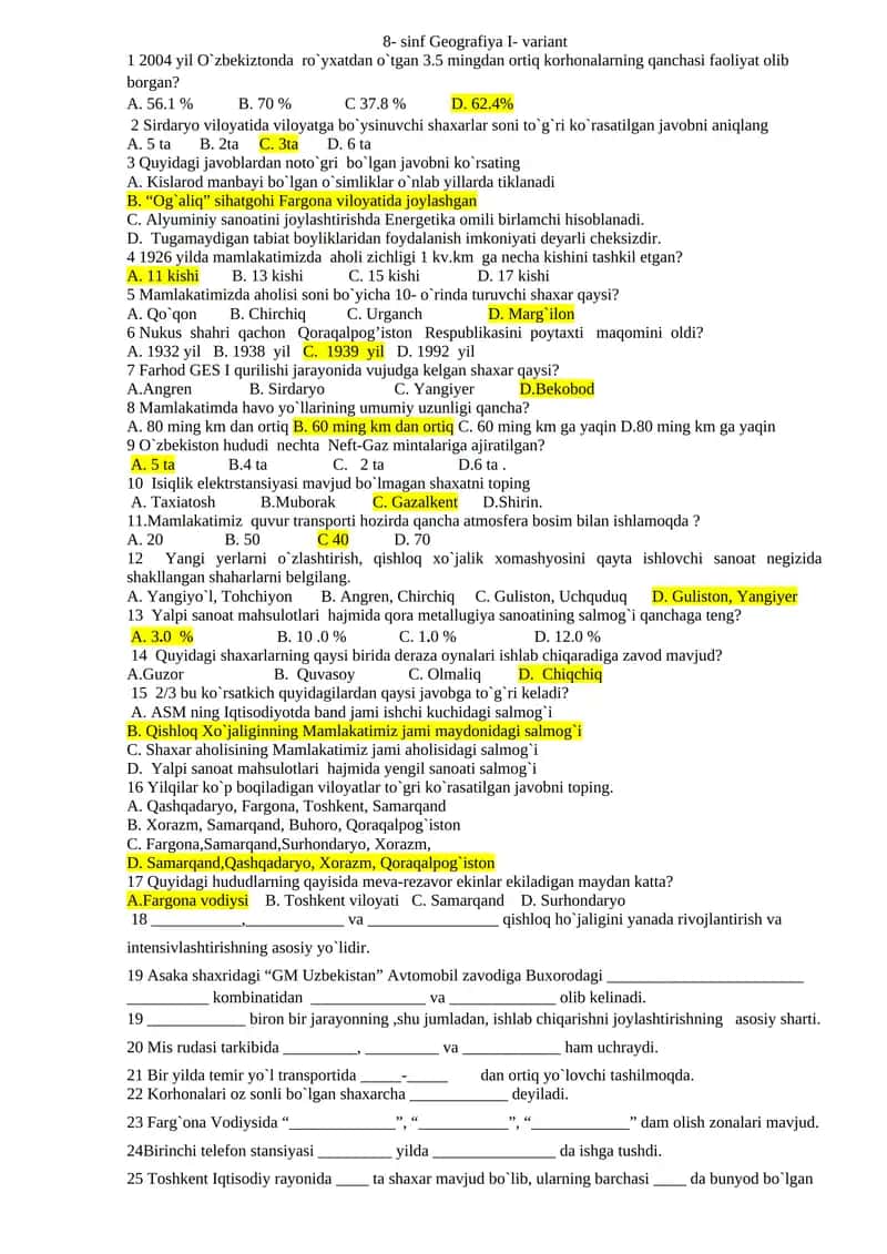 8- sinf Geografiya I- variant 1