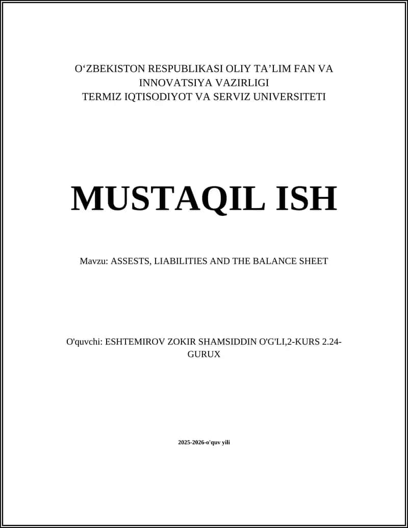 ASSESTS, LIABILITIES AND THE BALANCE SHEET 1