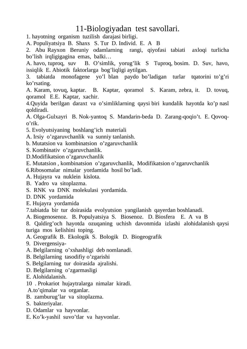 Biologiyadan test savollari 1