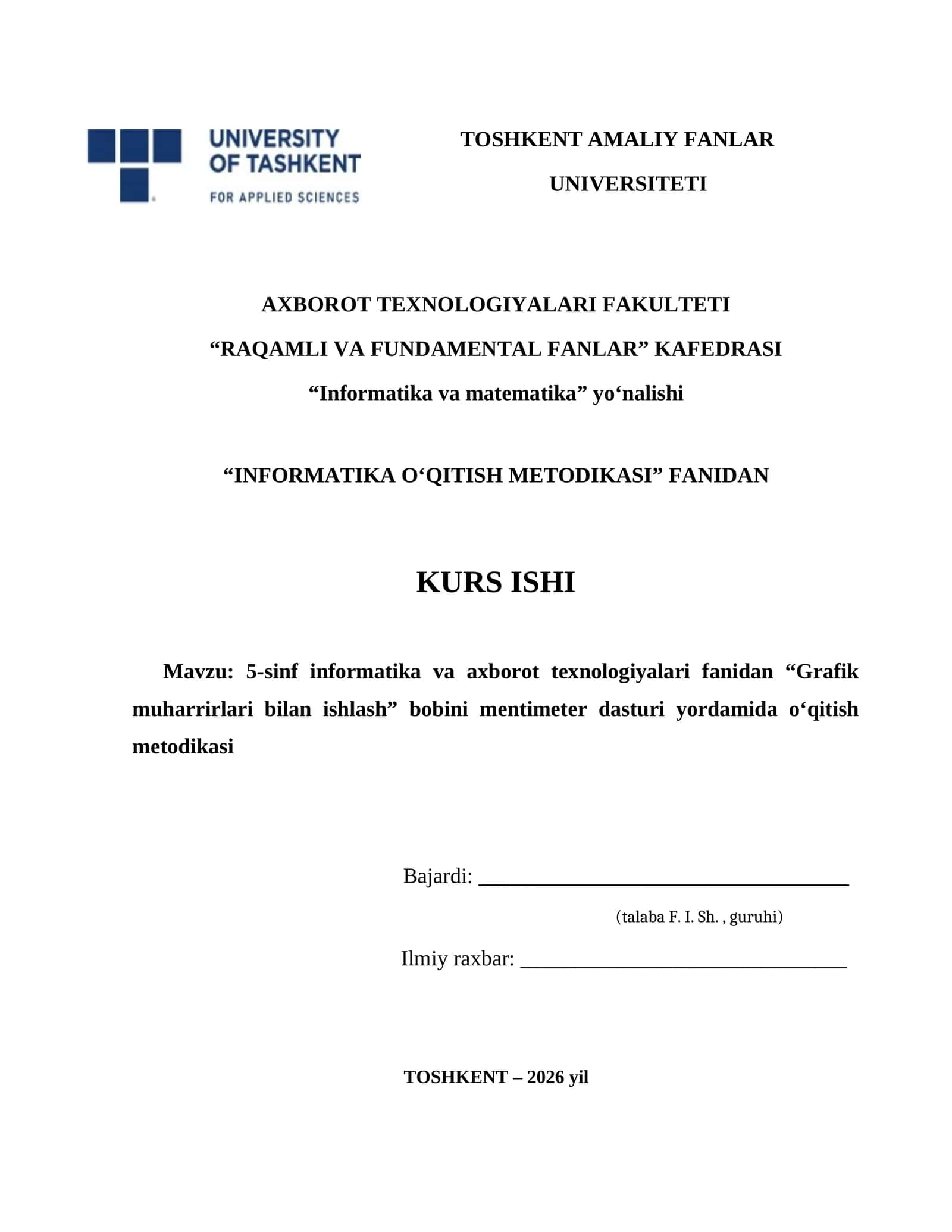 INFORMATIKA O'QITISH METODIKASI 1