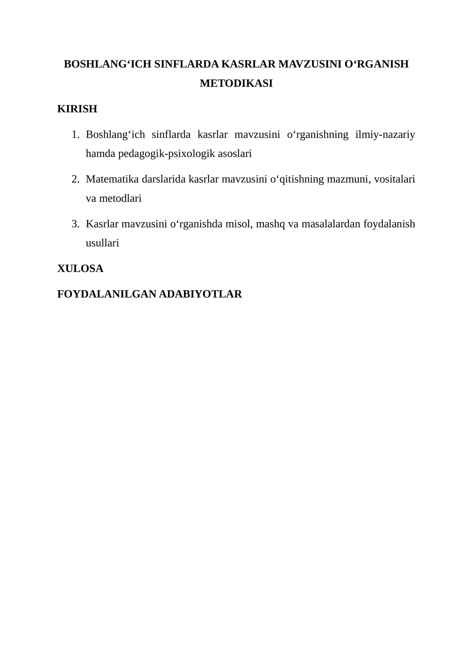 BOSHLANG‘ICH SINFLARDA KASRLAR MAVZUSINI O‘RGANISH METODIKASI 1