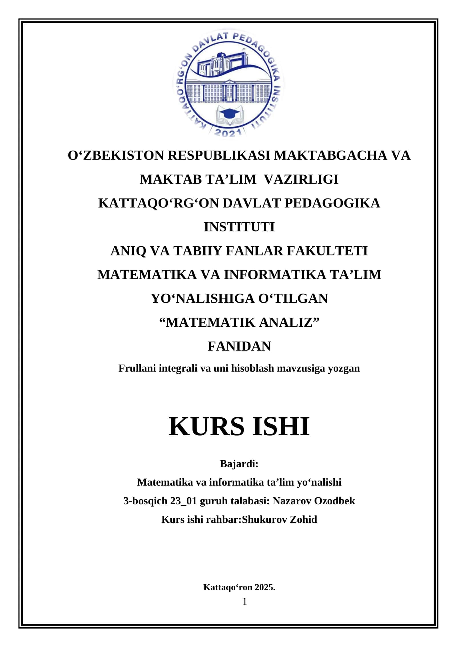Frullani integrali va uni hisoblash 1