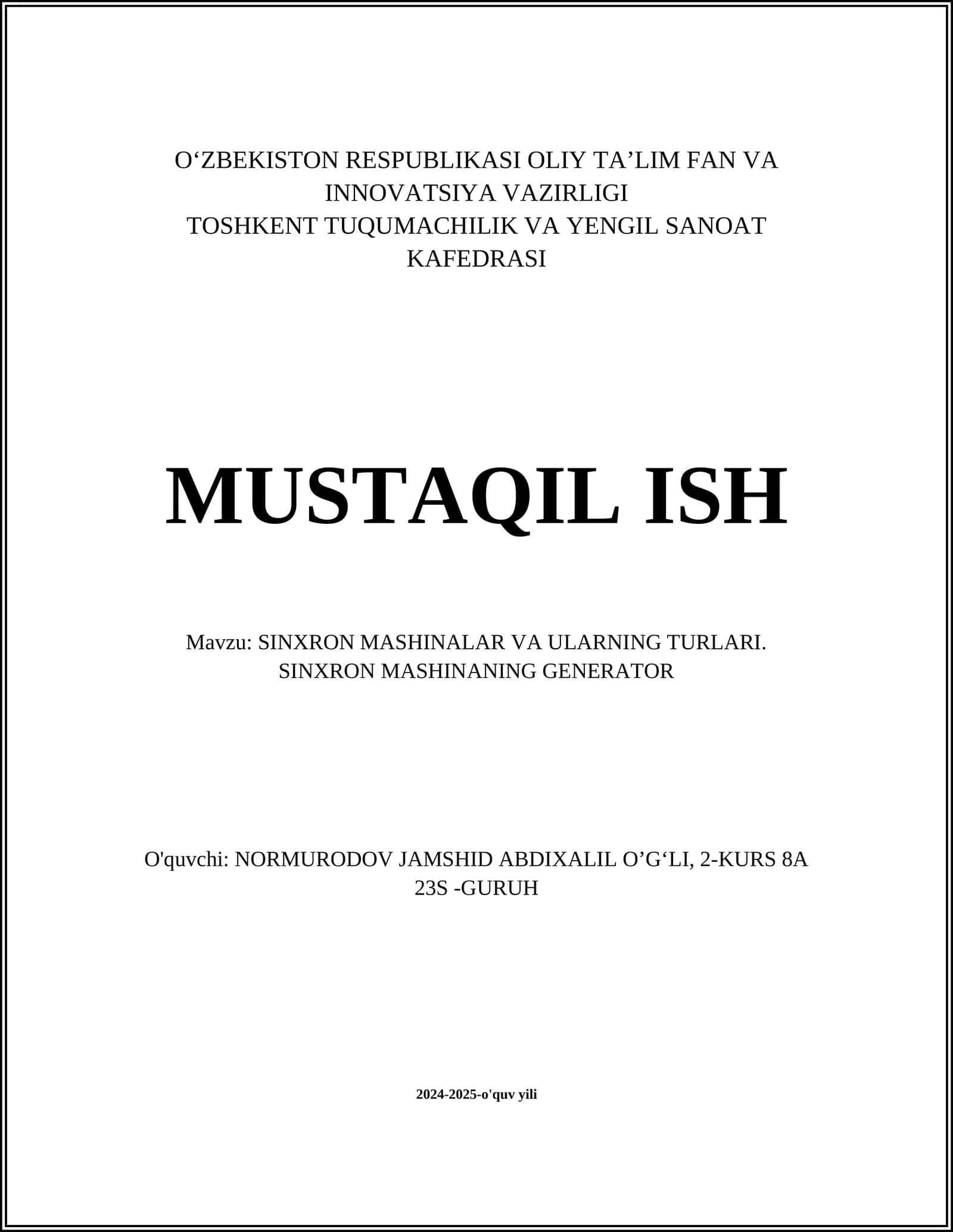 SINXRON MASHINALAR VA ULARNING TURLARI. SINXRON MASHINANING GENERATOR 1