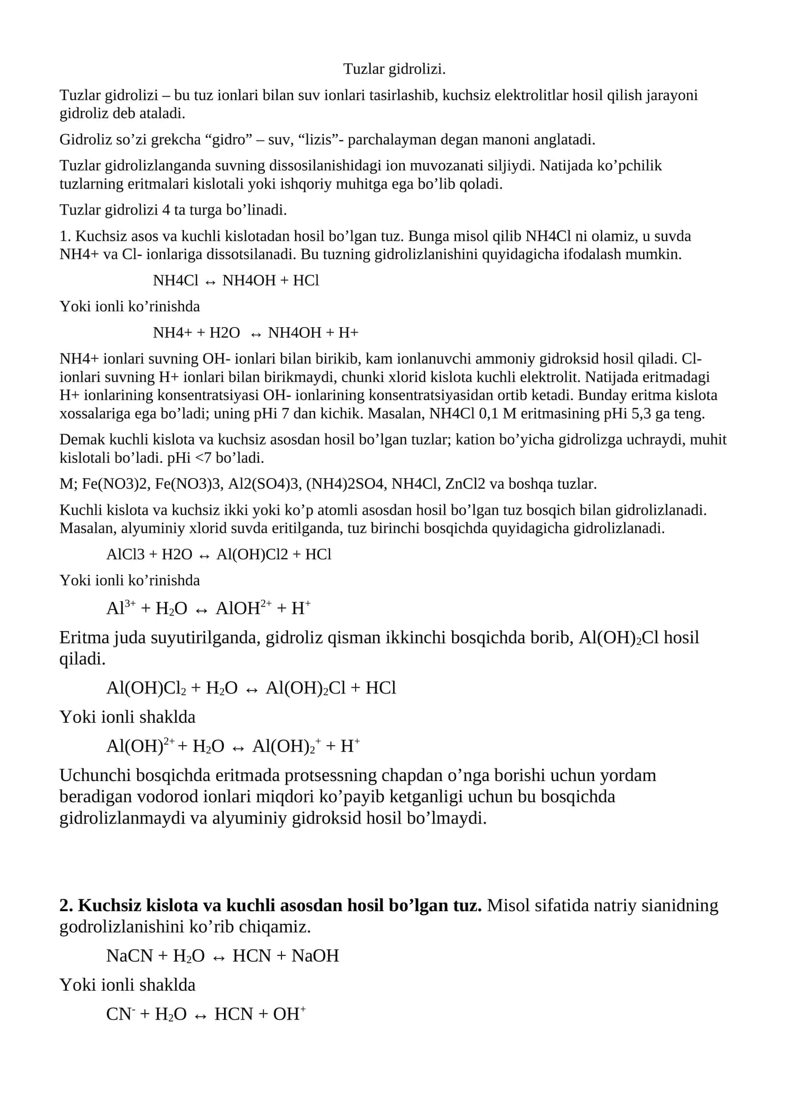 Tuzlar gidrolizi 1