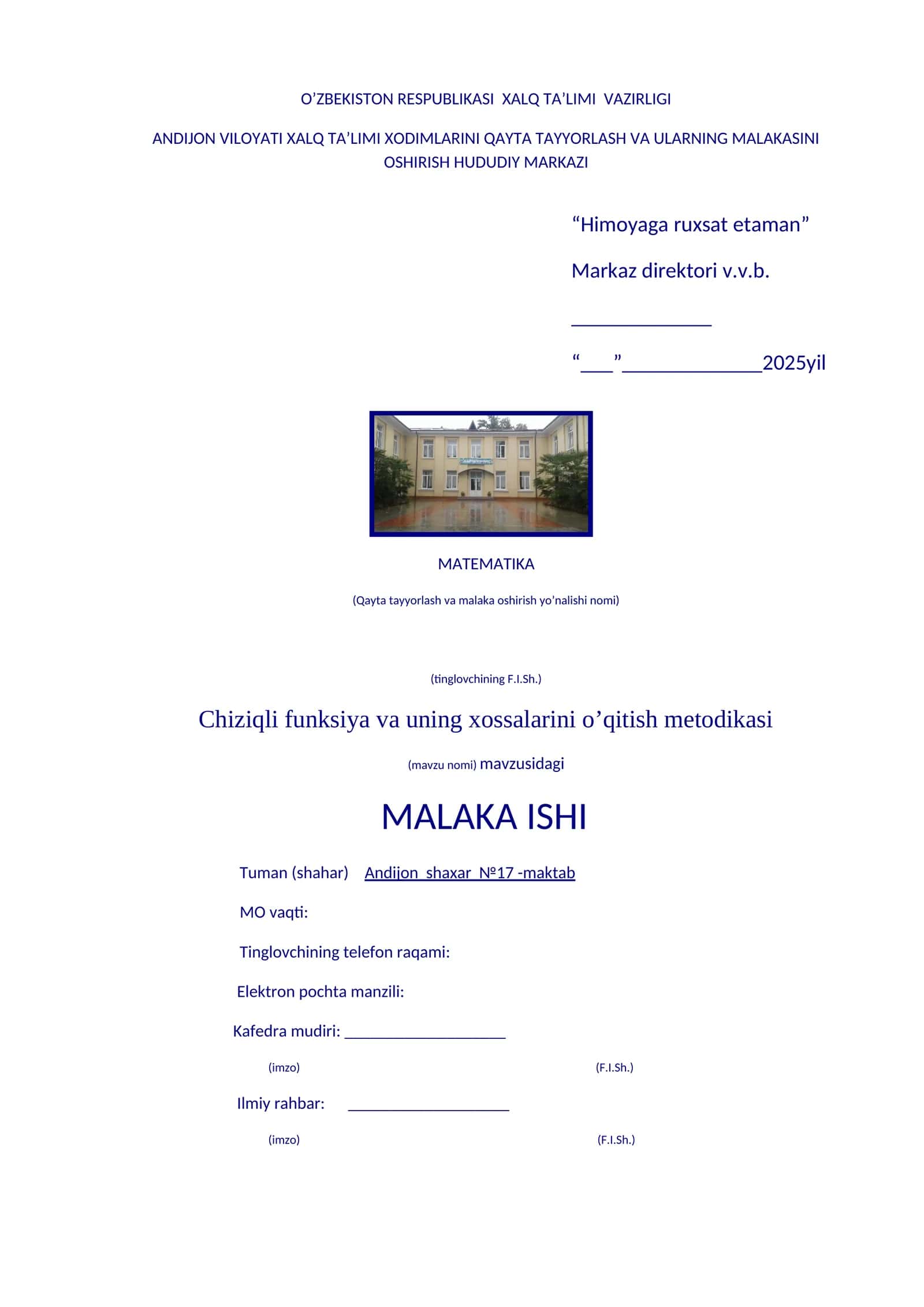 Chiziqli funksiya va uning xossalarini o’qitish metodikasi 1