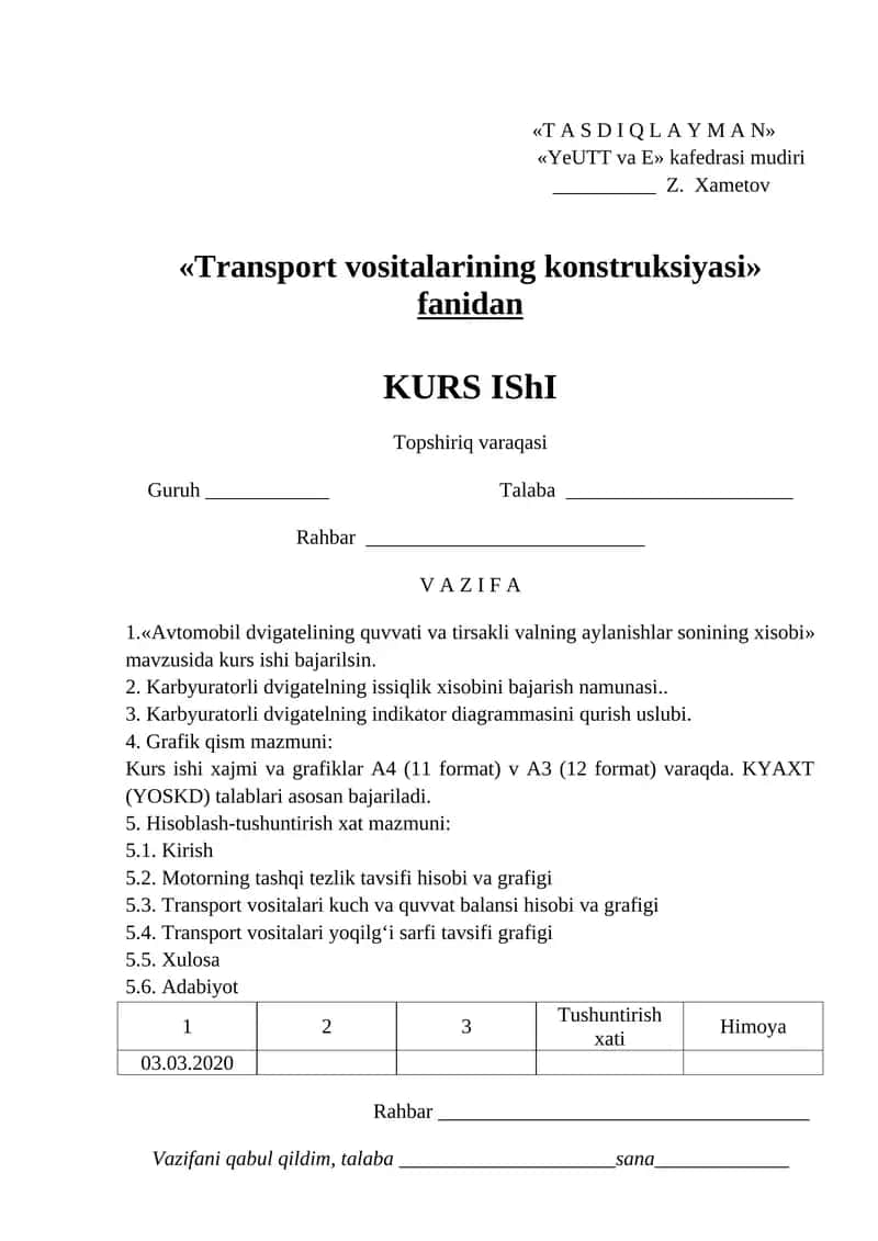 Transport vositalarining konstruksiyasi fanidan 1