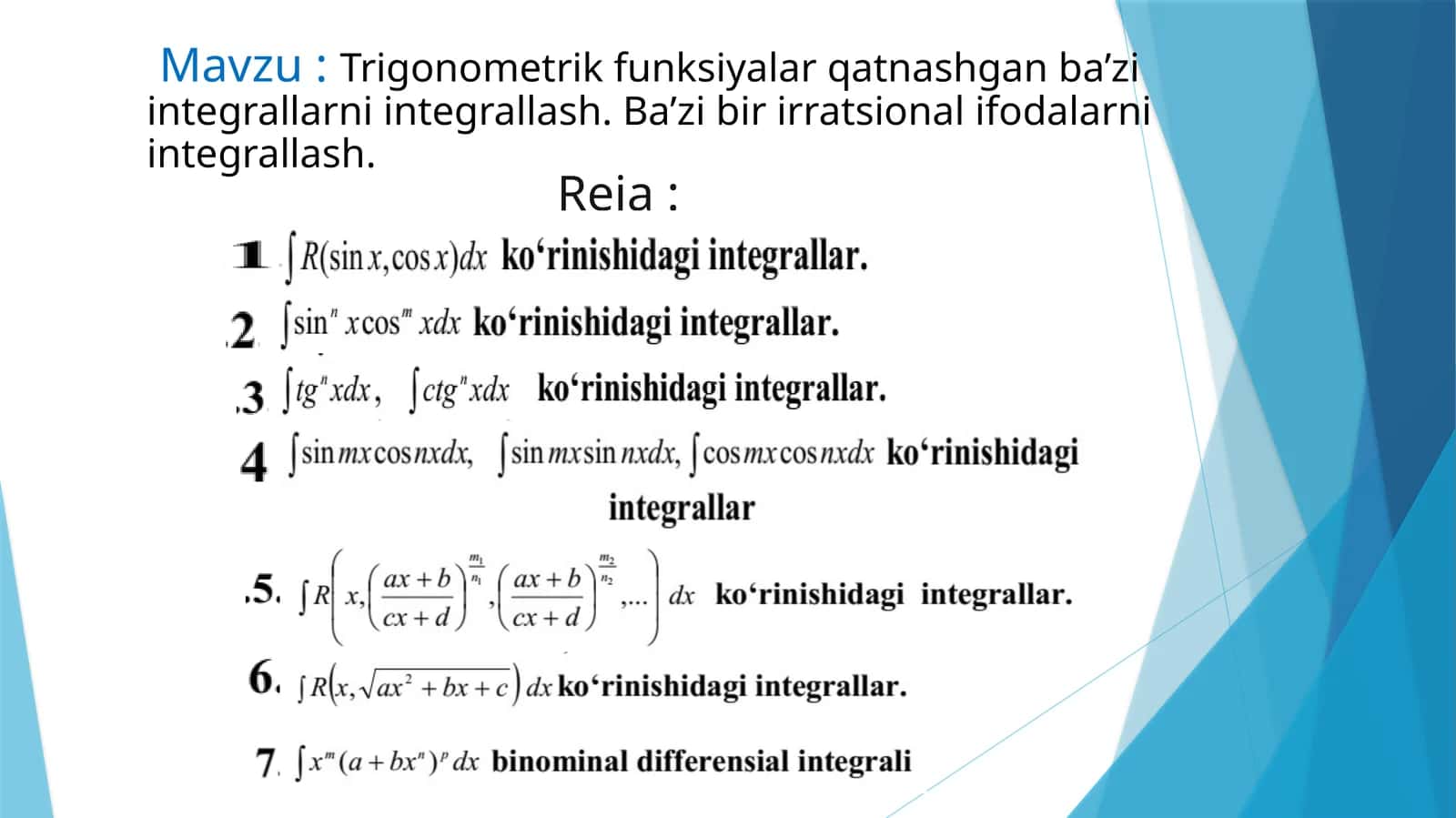 Trigonometrik funksiyalar qatnashgan ba’zi integrallarni integrallash 1