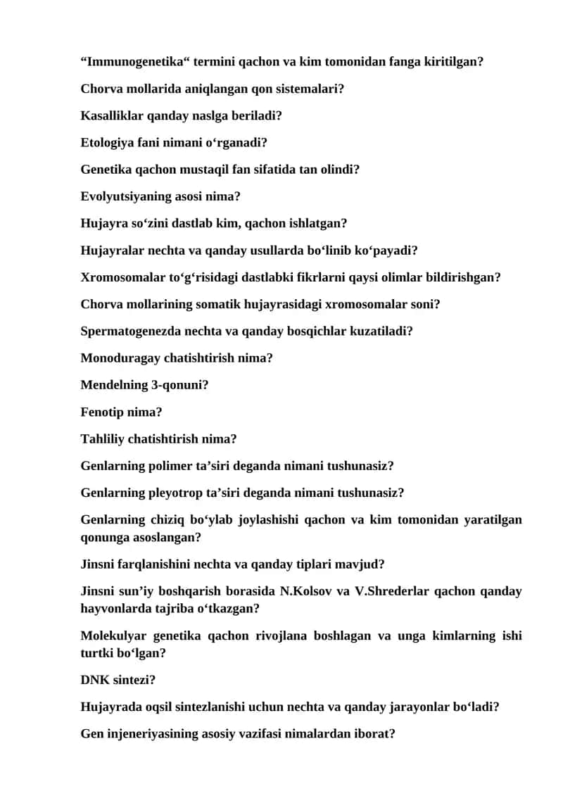 Genetika fanidan test savollari 1