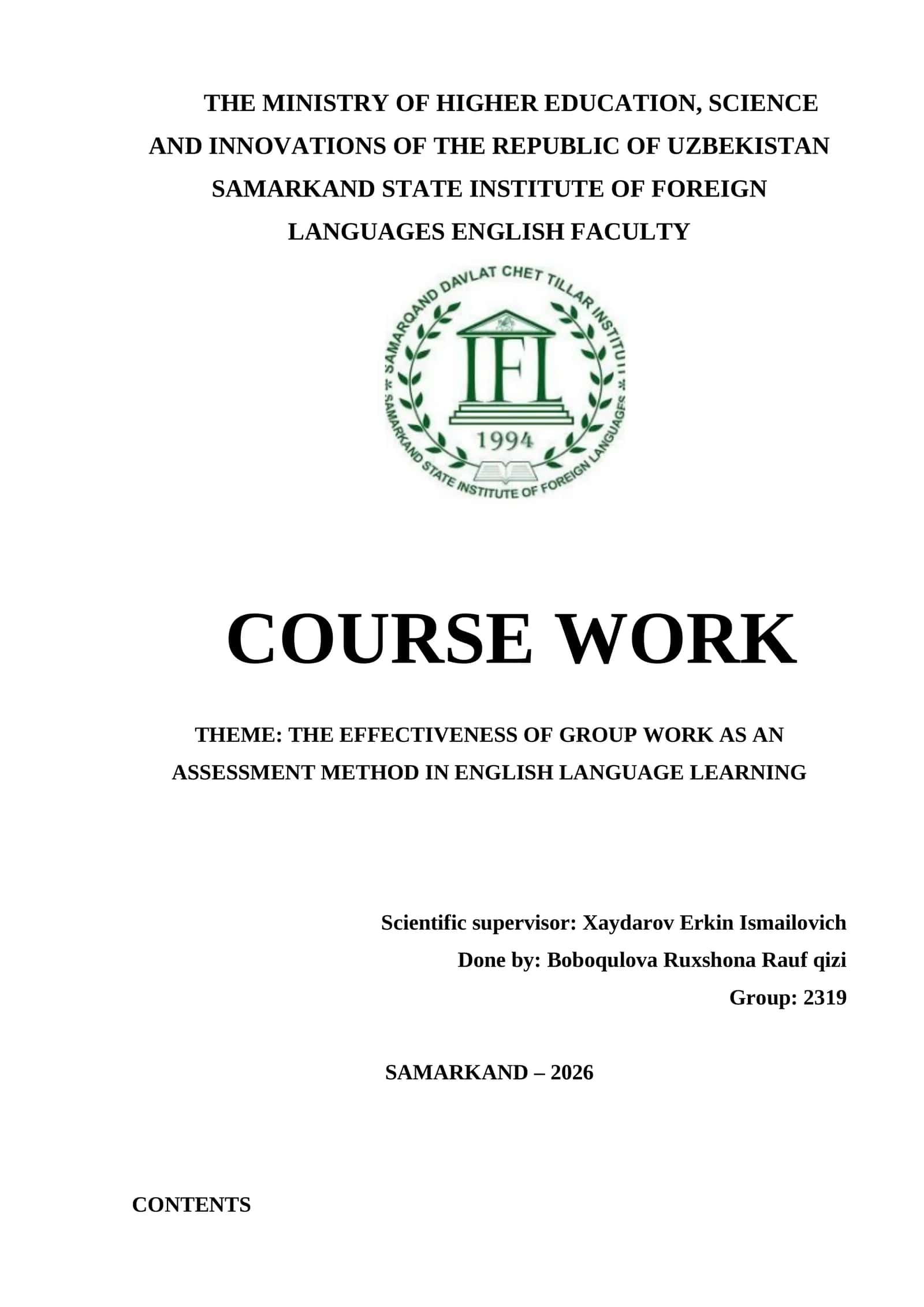 Mavzu: The effectiveness of group work as an assessment method in English language learning 1
