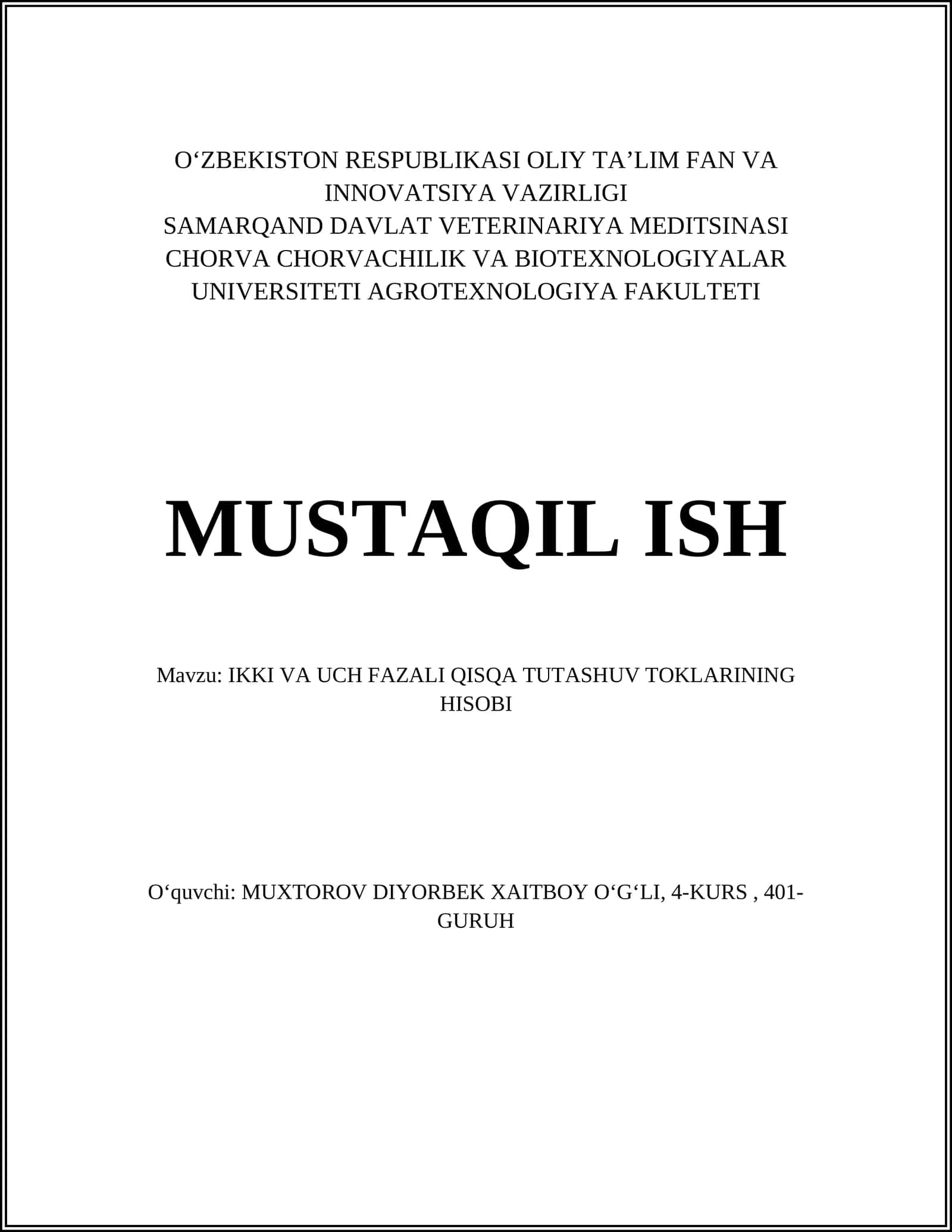 IKKI VA UCH FAZALI QISQA TUTASHUV TOKLARINING HISOBI 1