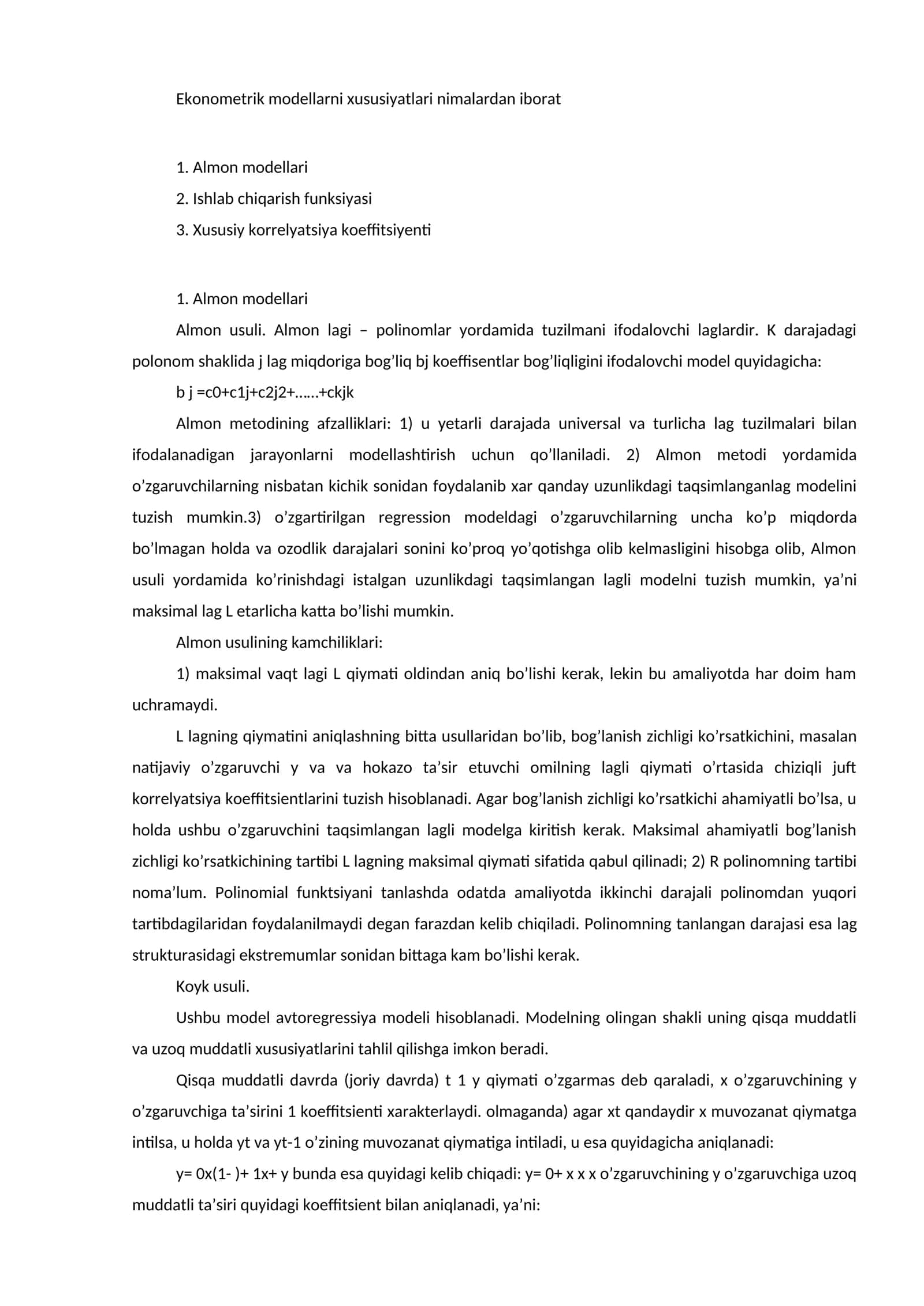 Ekonometrik modellarni xususiyatlari 1