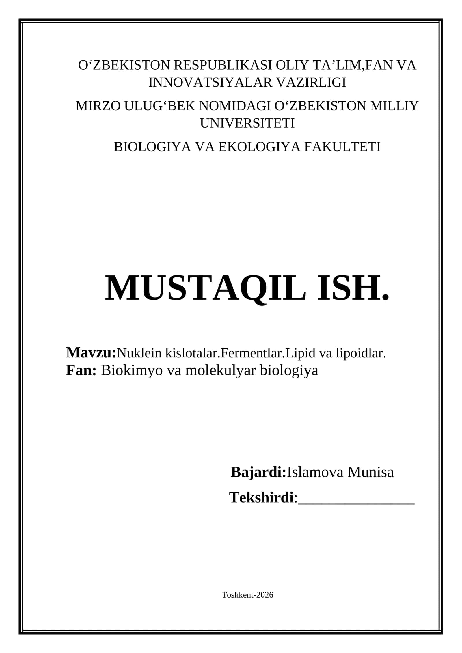 Nuklein kislotalar.Fermentlar.Lipid va lipoidlar 1
