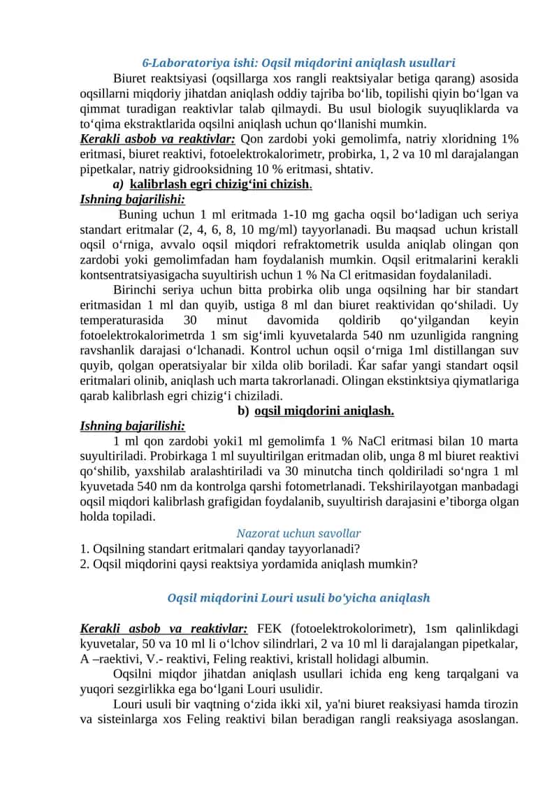 Laboratoriya ishi: Oqsil miqdorini aniqlash usullari 1