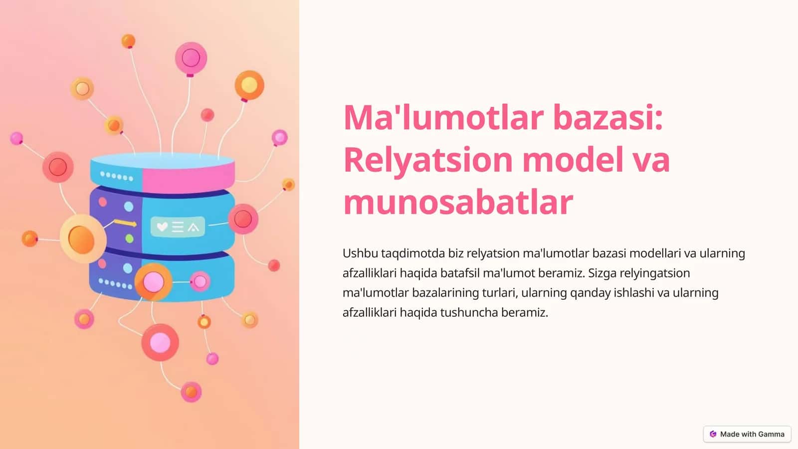 Ma'lumotlar bazasi: Relyatsion model va munosabatlar 1