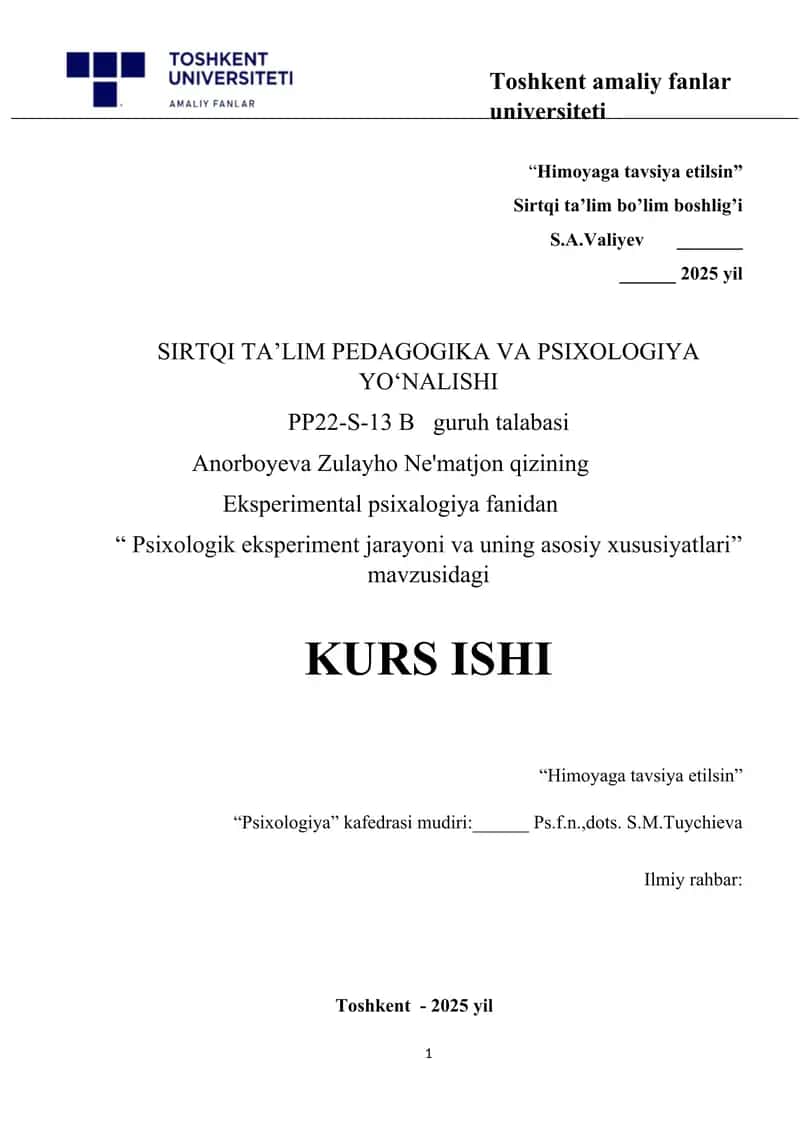 Psixologik eksperiment jarayoni va uning asosiy xususiyatlari 1