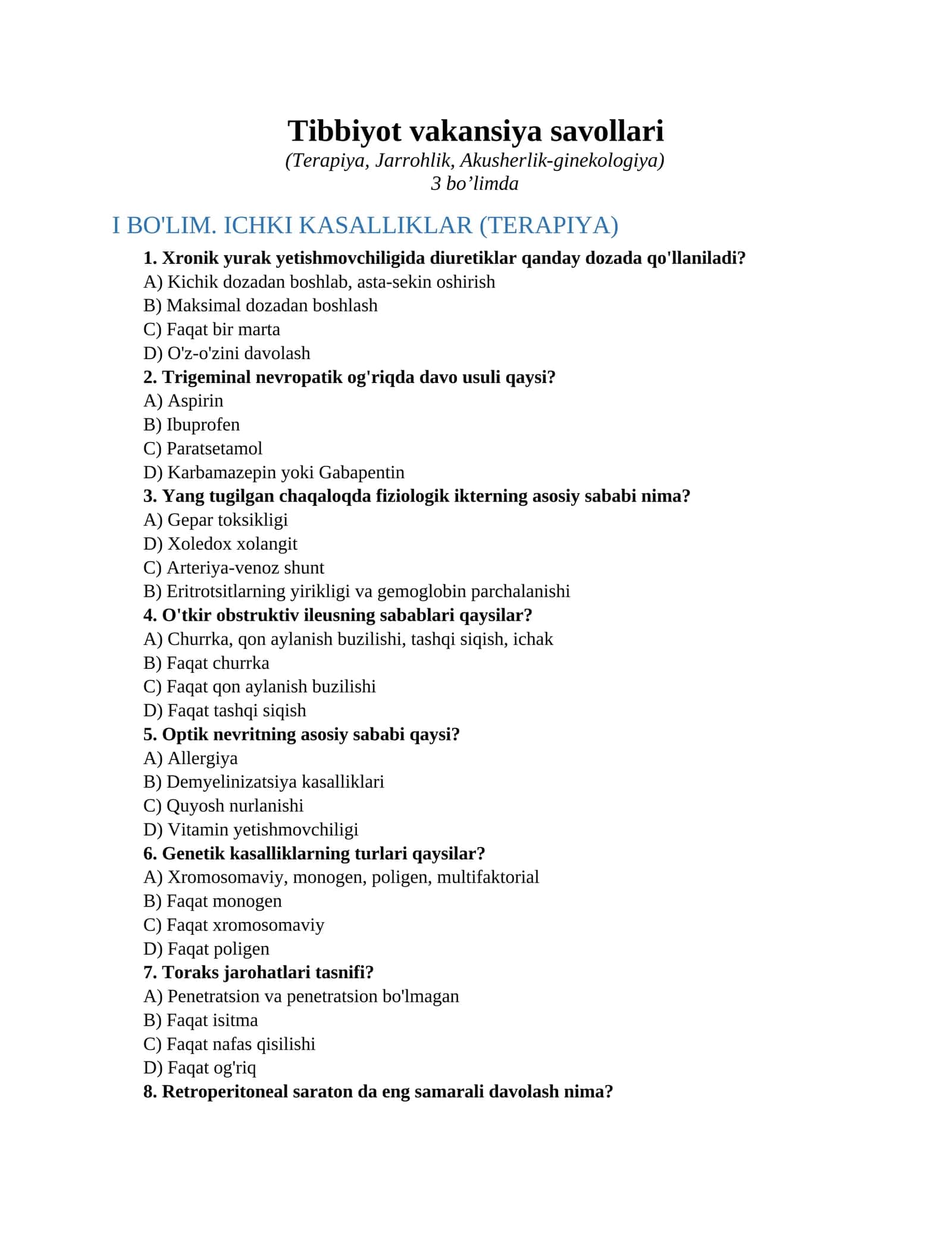 Tibbiyot vakansiya savollari 1