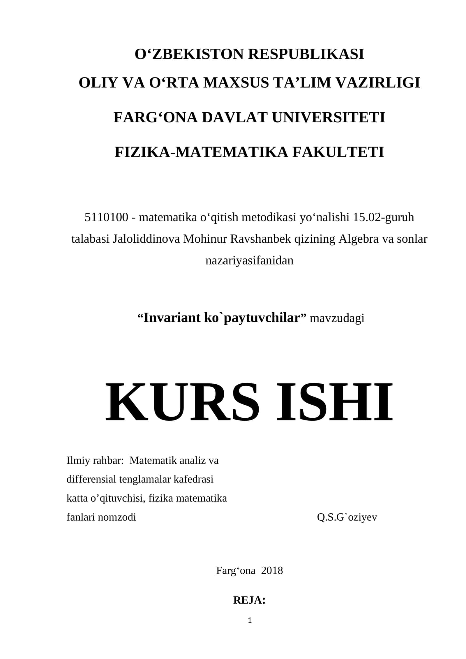 "Invariant ko`paytuvchilar" mavzudagi KURS ISHI 1