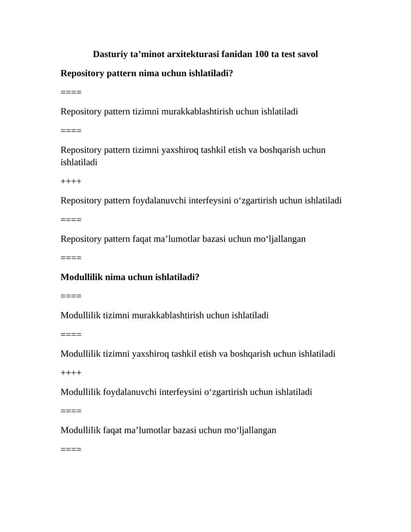 Dasturiy ta’minot arxitekturasi fanidan 100 ta test savol 1