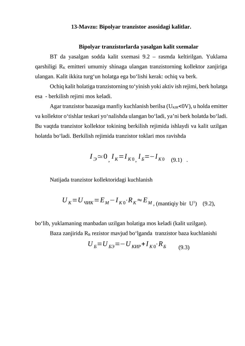 Bipolyar tranzistor asosidagi kalitlar 1