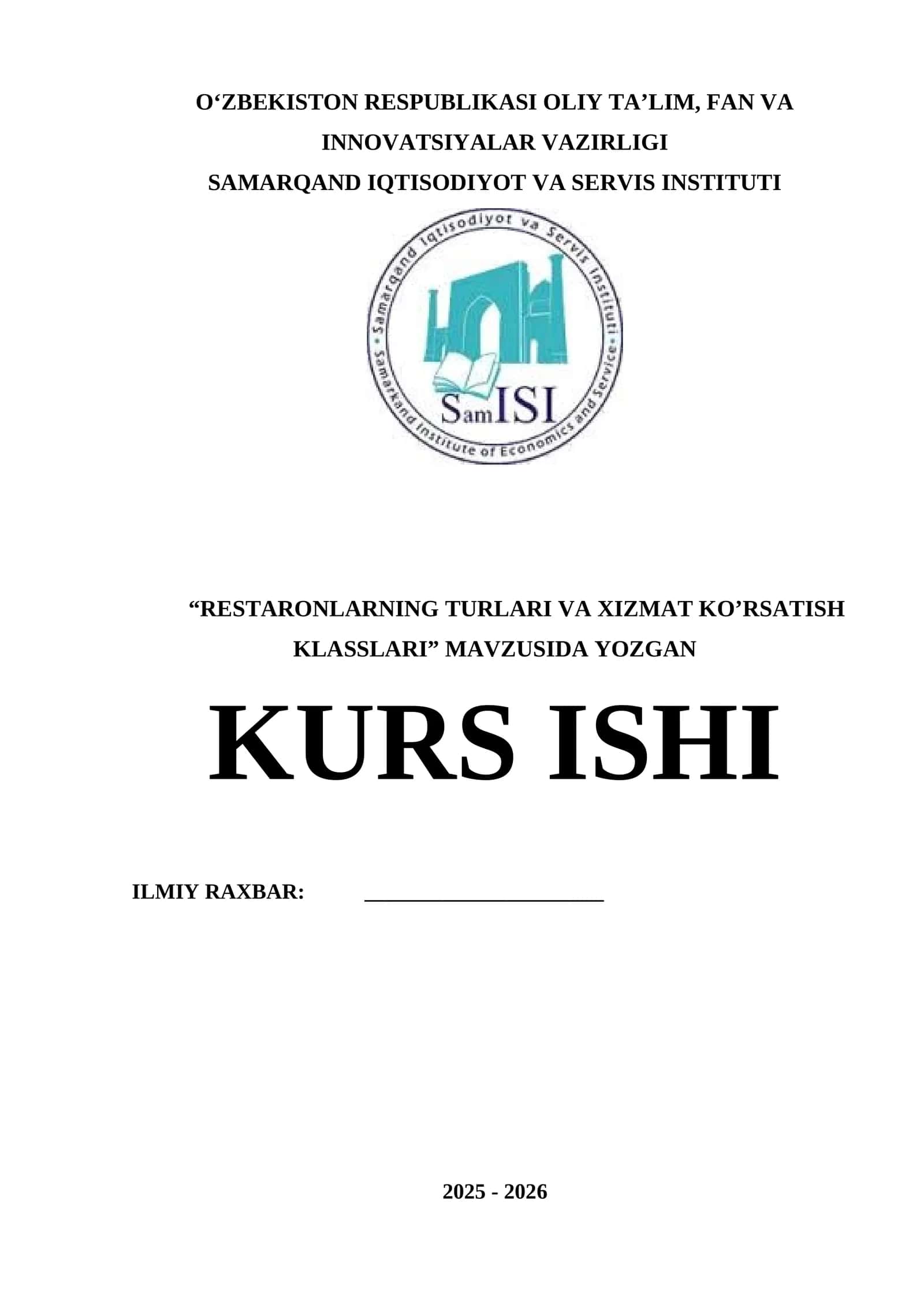 RESTARONLARNING TURLARI VA XIZMAT KO’RSATISH KLASSLARI 1