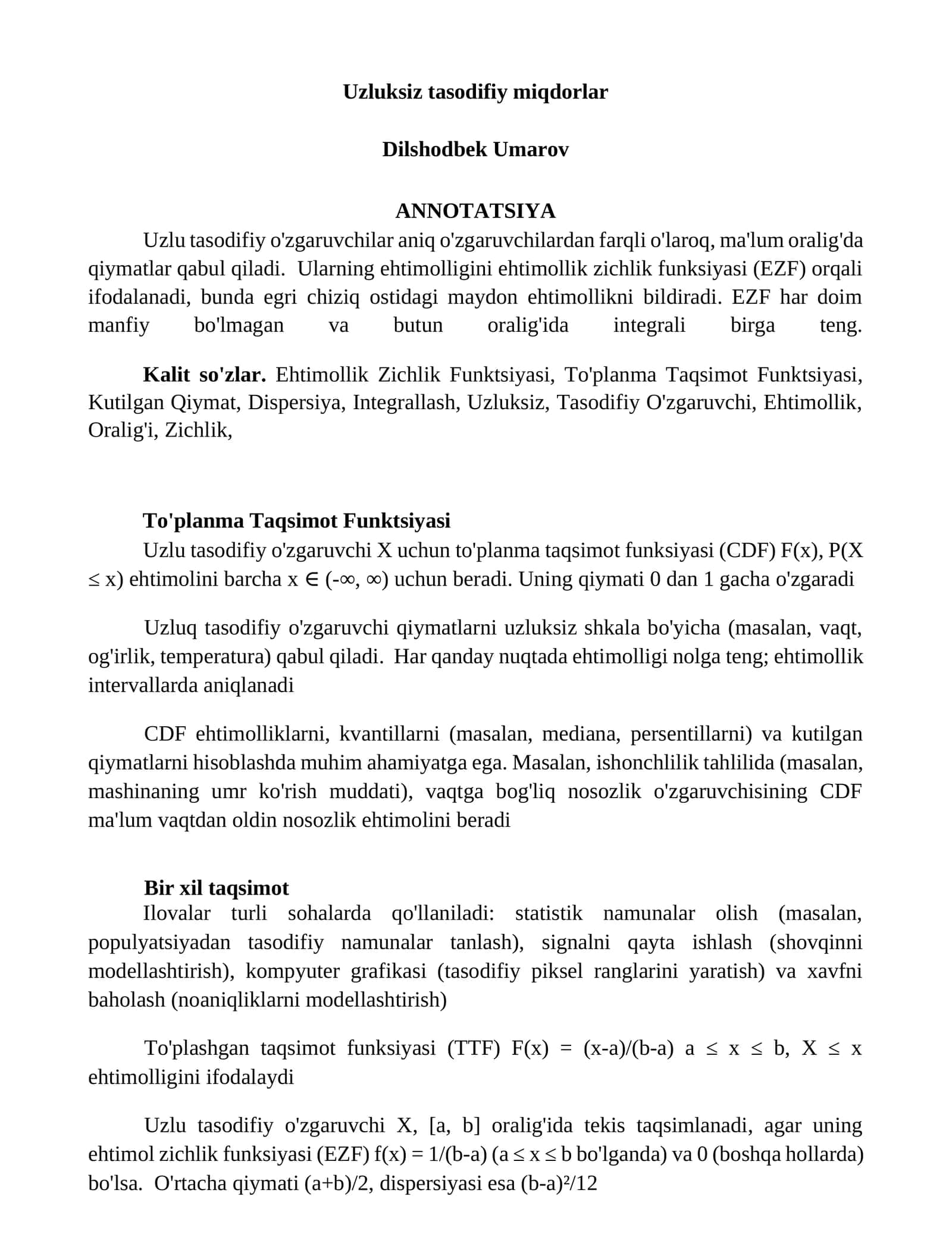 Uzluksiz tasodifiy miqdorlar 1