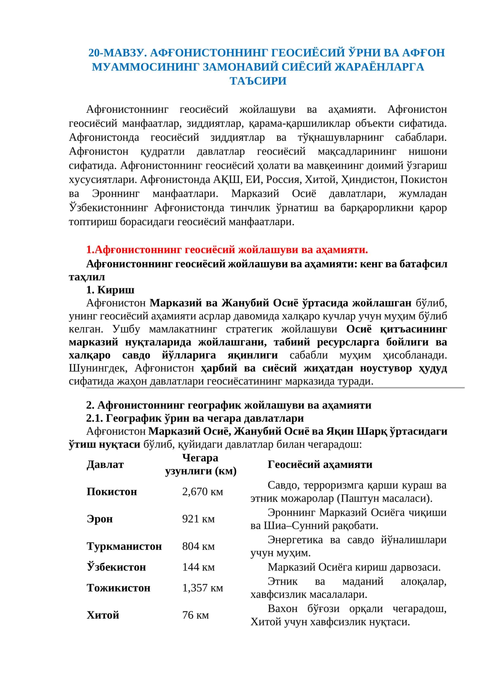 1.Афғонистоннинг геосиёсий жойлашуви ва аҳамияти 1