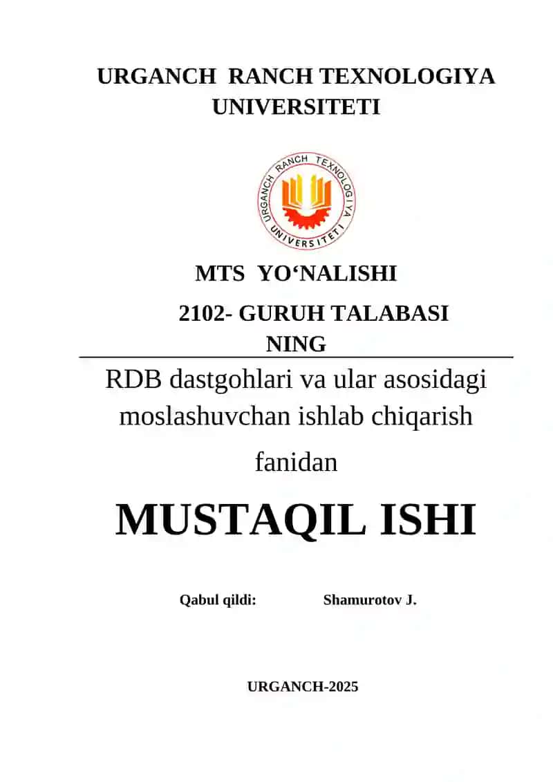 Mashinasozlikni avtomatlashtirishda RDB texnologik jihozlari