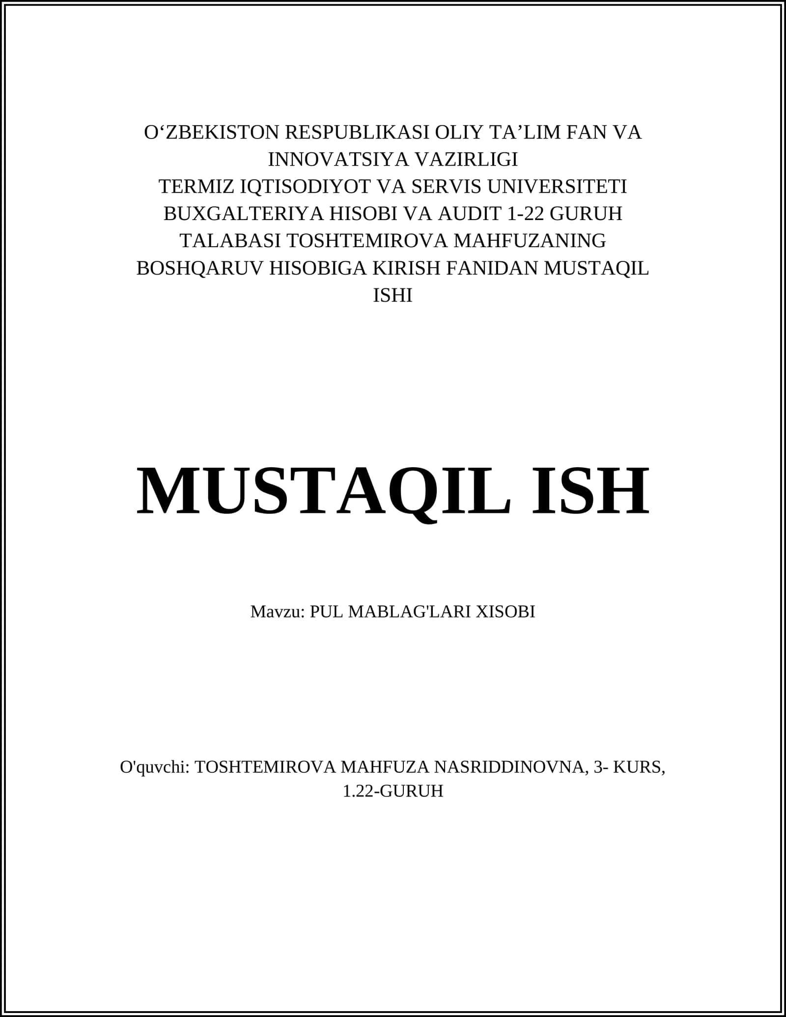 Pul Mablag'lari Xisobi 1