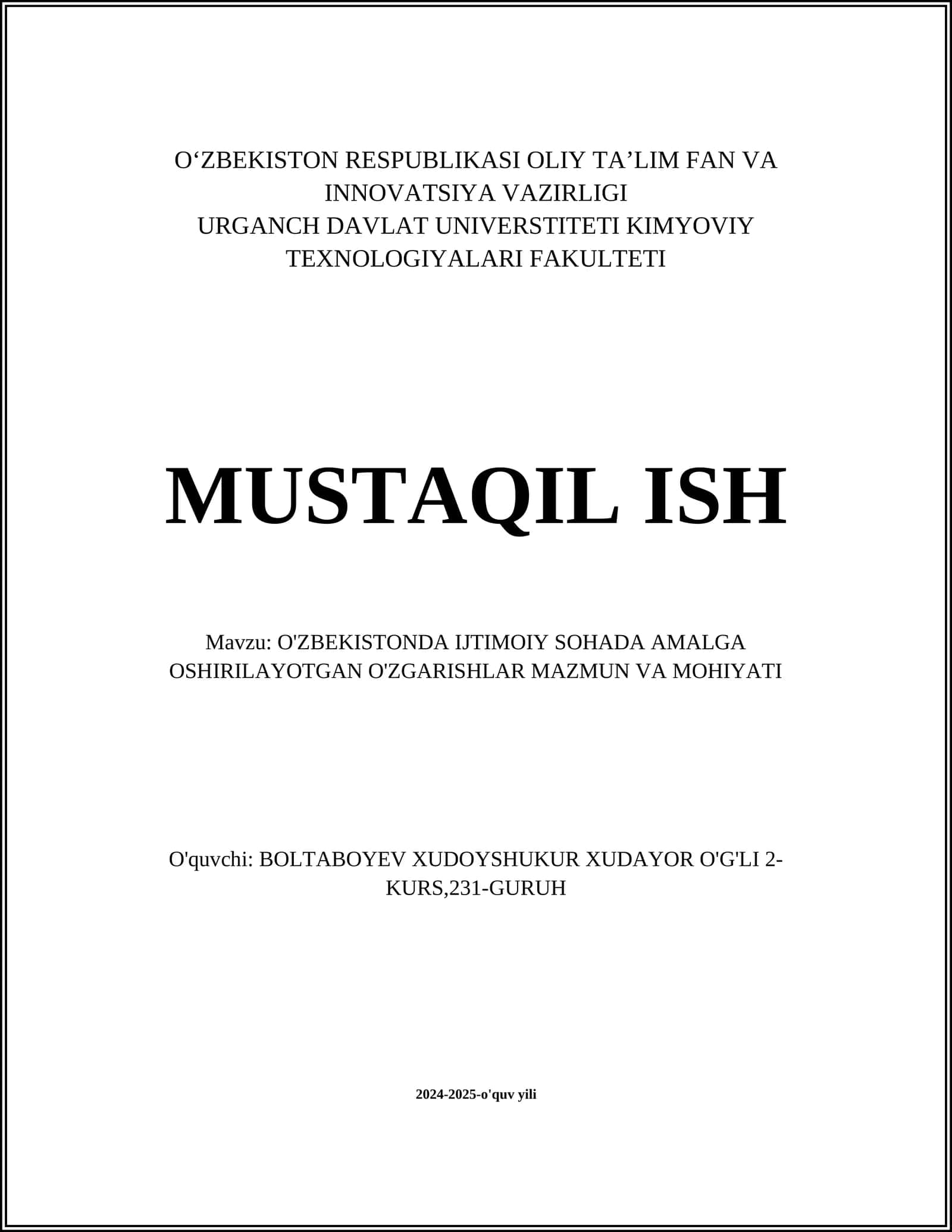 O'ZBEKISTONDA IJTIMOIY SOHADA AMALGA OSHIRILAYOTGAN O'ZGARISHLAR MAZMUN VA MOHIYATI 1