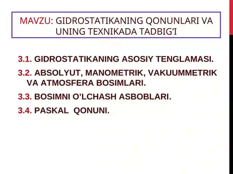 GIDROSTATIKANINGQONUNLARI VA UNING TEXNIKADA TADBIG’I