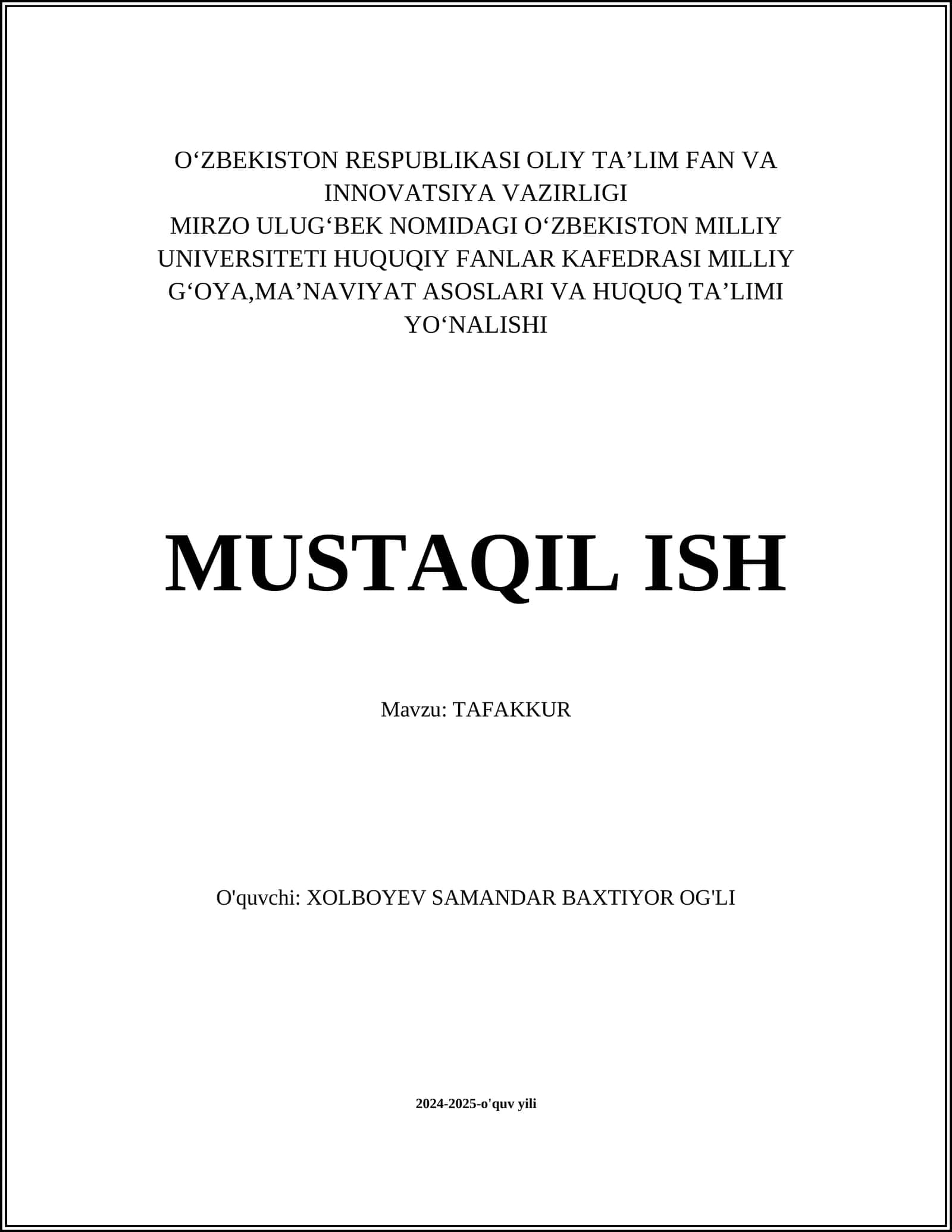 MUSTAQIL ISH Mavzu: TAFAKKUR 1