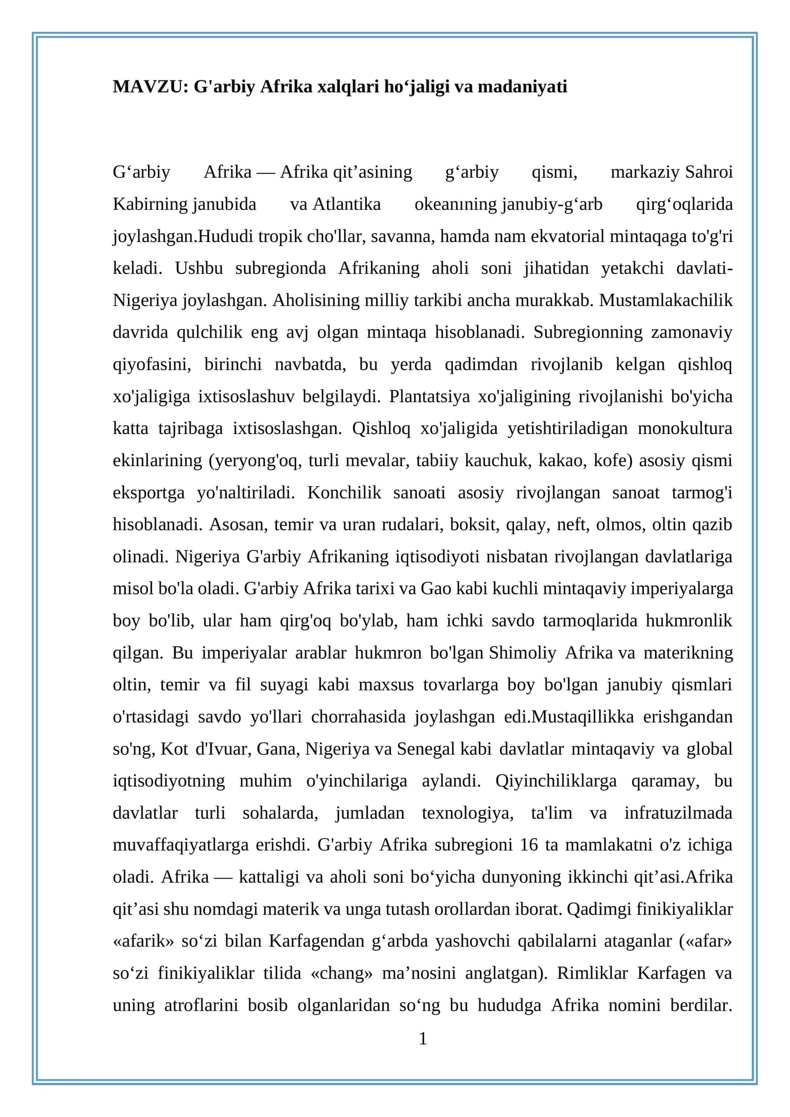 G'arbiy Afrika xalqlari hoʻjaligi va madaniyati 1
