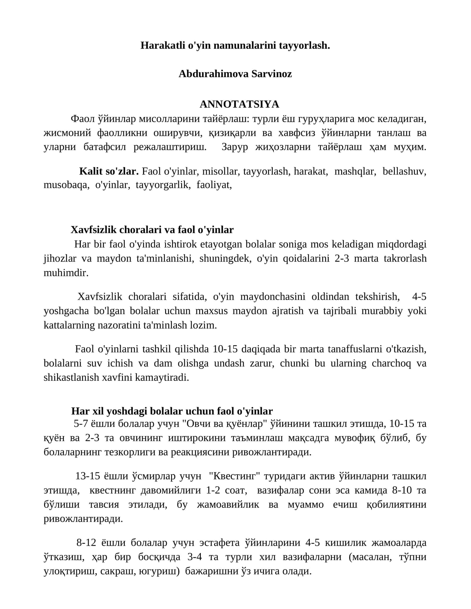 Harakatli o'yin namunalarini tayyorlash 1