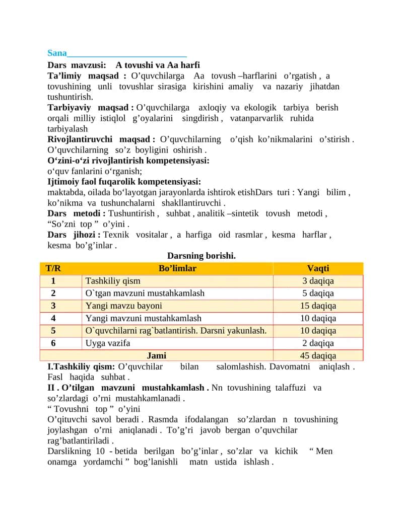 A tovushi va Aa harfi DARS ISHLANMA 1