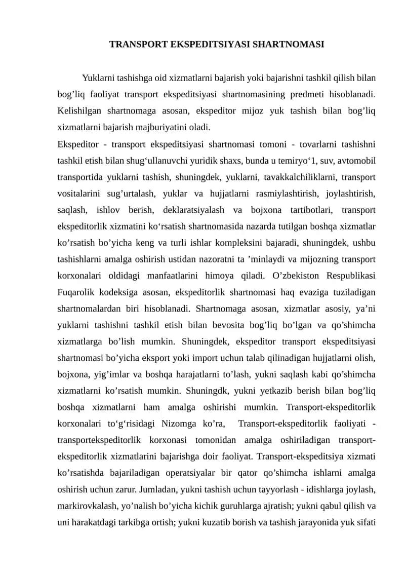 TRANSPORT EKSPEDITSIYASI SHARTNOMASI 1