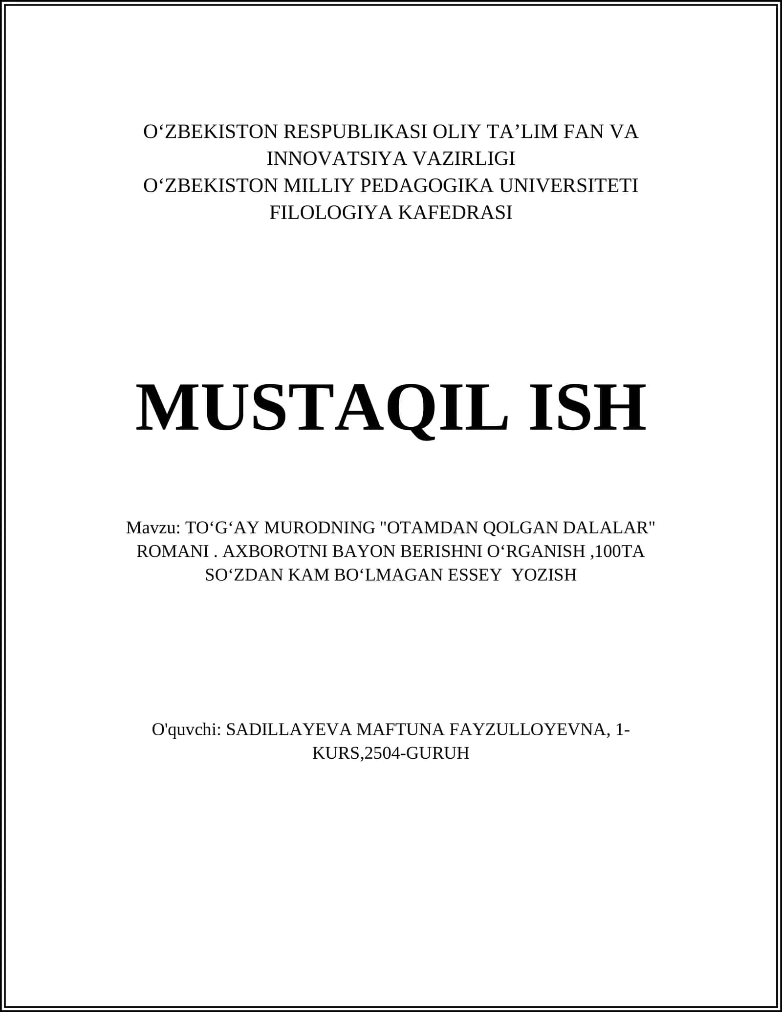 TOʻGʻAY MURODNING "OTAMDAN QOLGAN DALALAR" ROMANI 1