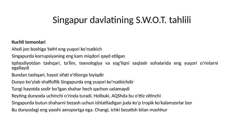 Singapur davlatining S.W.O.T. tahlili 1
