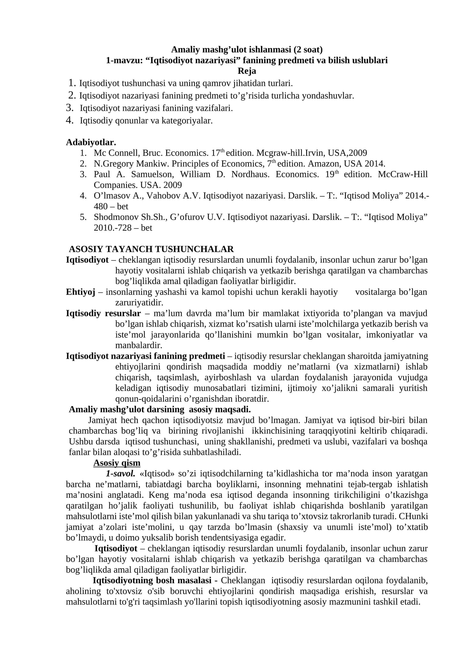Amaliy mashg’ulot ishlanmasi (2 soat) 1